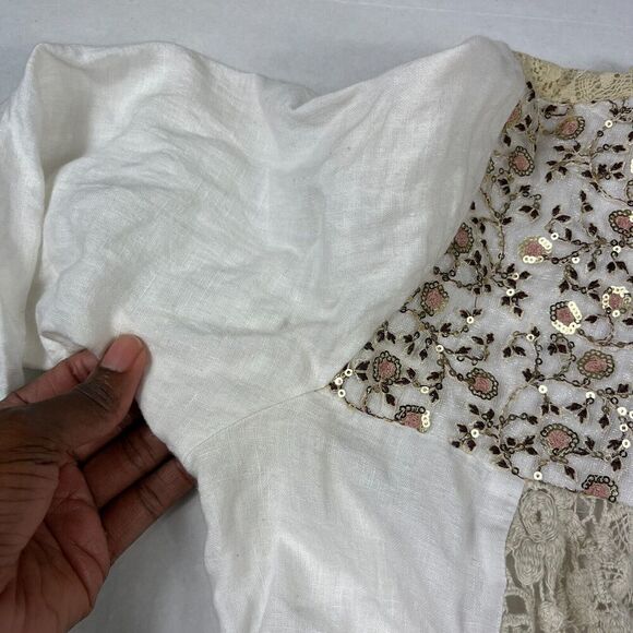 Marilu Womens Linen Blend Jacket White Open Front Lace Sequin Boho SMALL FLAW - Picture 11 of 12